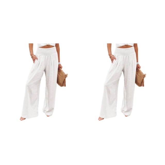 Pantalones de verano Sonducket para mujer color sólido Largo Suelto Pierna ancha cintura alta Elástico Blanco L 2piezas