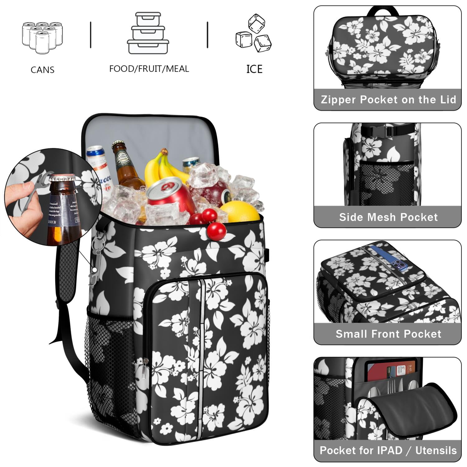 Travel Cooler Bag - Pioneer Flower Floral Print Pattern Camping Beer Cooler Backpack with Bottle Opener- Waterproof Insulated Picnic Backpacks - Cooler Bag for Beach
