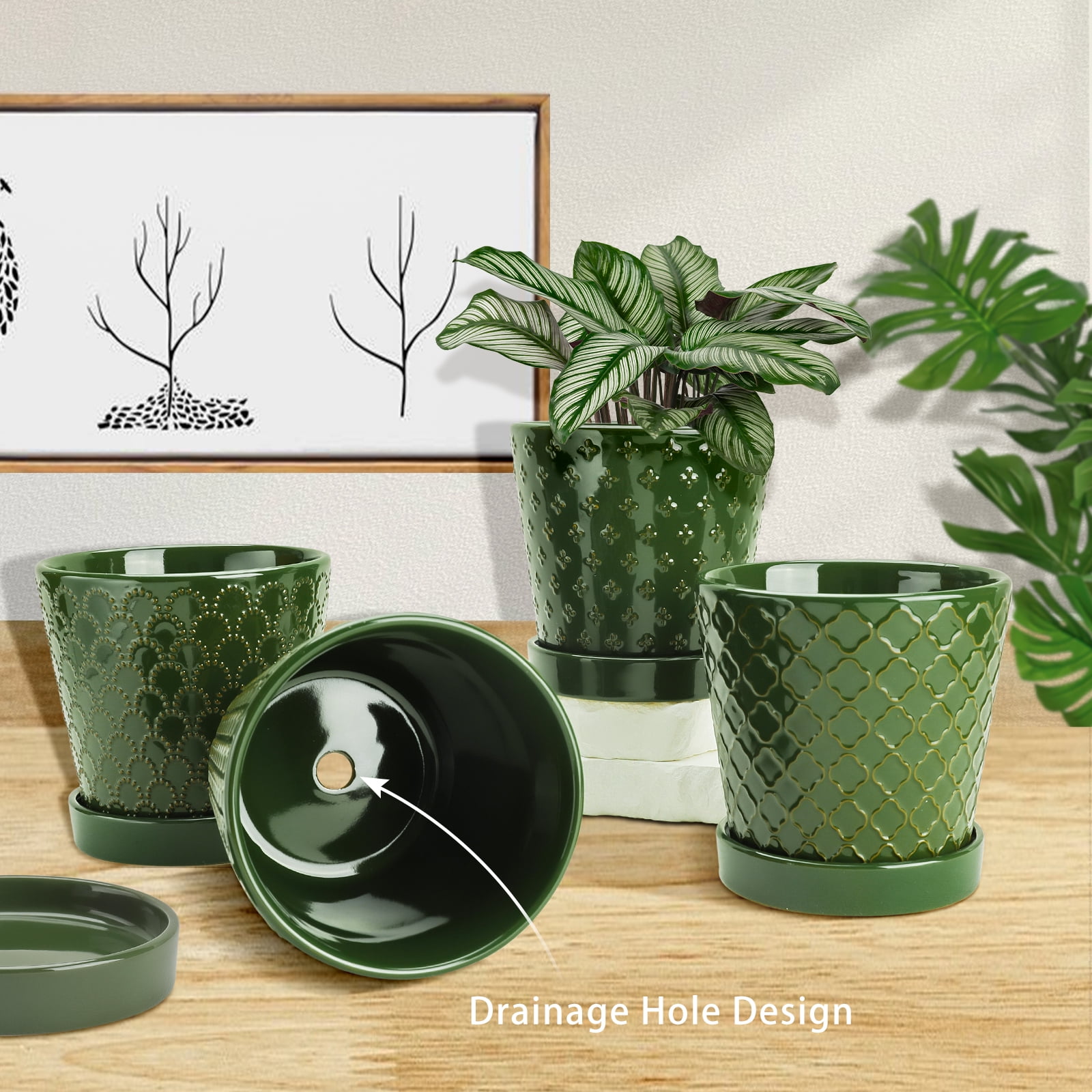 BUYMAX 5 inch Blackish Green Ceramic Indoor Plant Pots with Drainage Holes and Tray, Relief Design, Set of 4, Modern Minimalist Decor