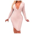 thumbnail image 2 of Women Dresses Plus Solid Long Sleeved V-neck Pleated Dresses Sexy Fashion Dresses Pink Trendy Skirt Size L, 2 of 6