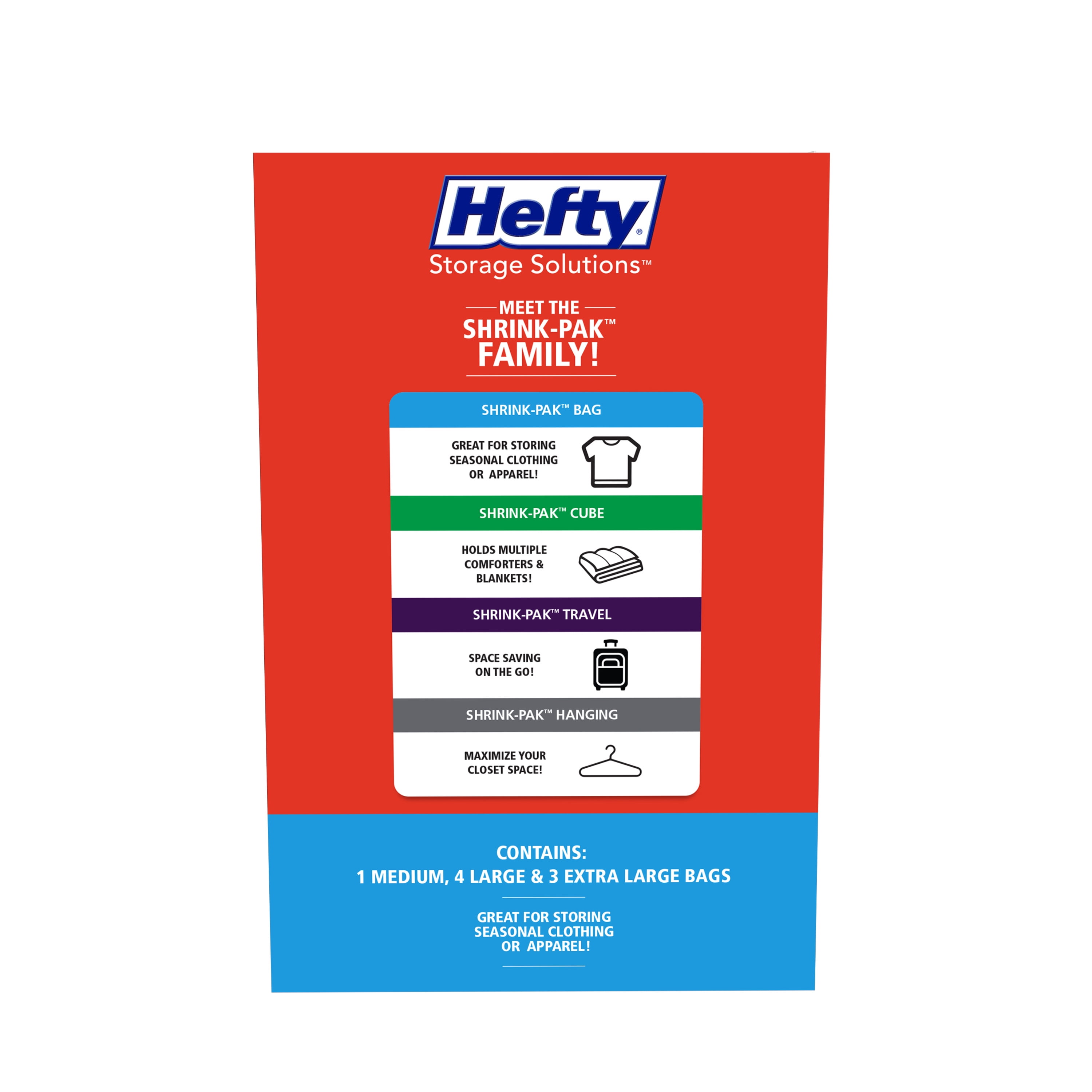 Hefty Shrink-Pak Starter Kit - 2 Large, 1 XL Cube, 1 Jumbo Vacuum Seal  Storage Bag and Hand Pump – Space Saver Bags for Clothing, Pillows, Towels,  or