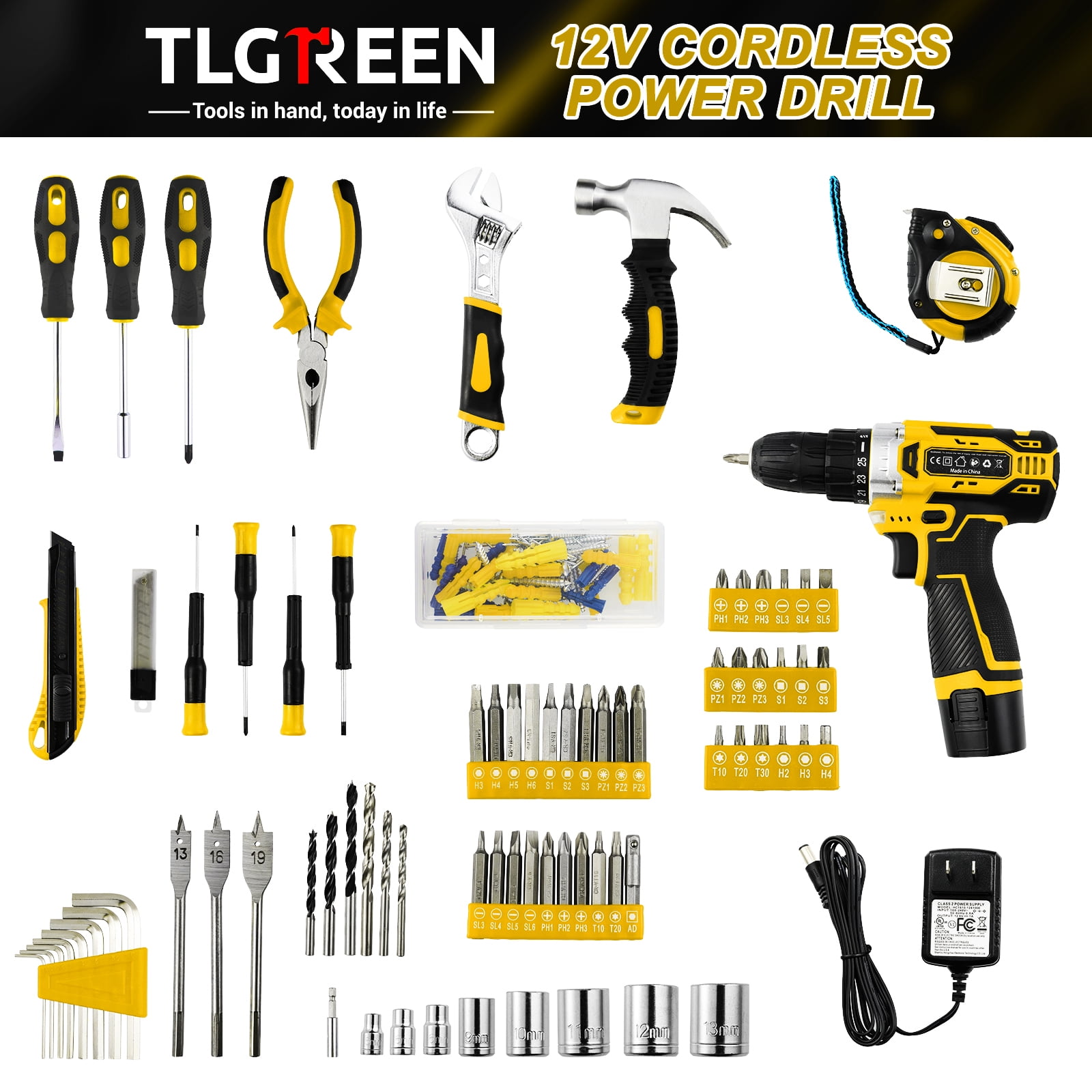 TLGREEN 12V Cordless Drill Tool Set - 139 Piece, 2Ah Battery, 2-Speed Adjustable Power & Rapid Charging Magnetic drill, Home Tool Kit for DIY, Repairs, Gift for Father, Yellow