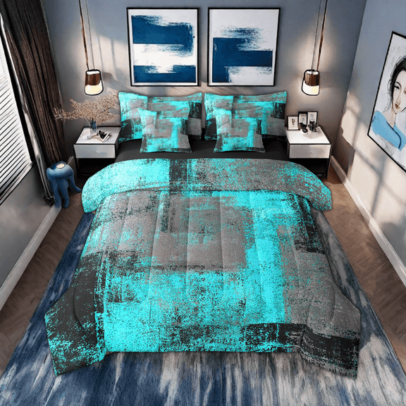 Turquoise And Grey Twin Comforter Set 7 Piece Retro Black Teal Ombre Bedding Set With Sheet Set,Pillow Covers Contemporary Abstract Art Bed In A Bag Oil Painting Graffiti Bed Set
