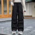 thumbnail image 2 of Kids Girl Pants Girls Solid Straight Leg Cargo Pants Drawstring Elastic Waist Fashion Childrens Bottoms Streetwear for Kids Black 5 Years-6 Years, 2 of 7