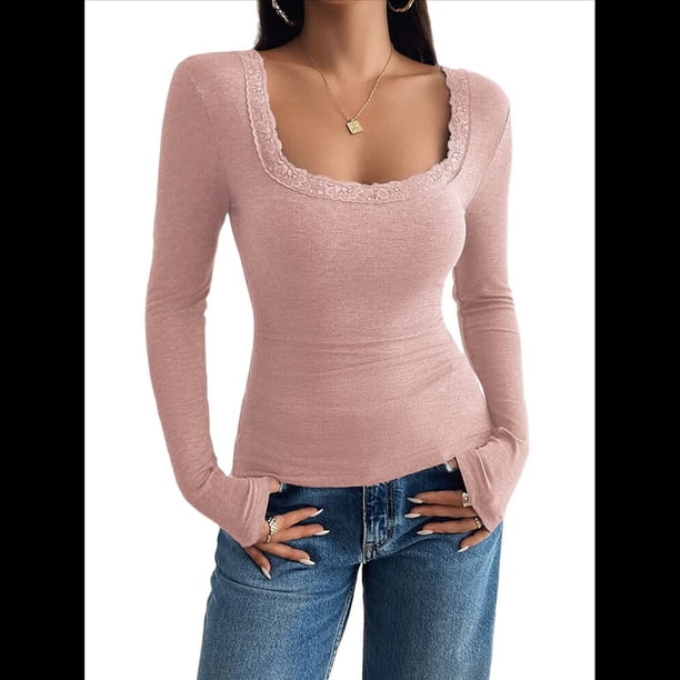 Camisas de Larga para Mujer, Cuello Cuadrado, Tops Cortos de Punto Acanalado, Conjuntos de Otoño, Ropa de Moda Raíz de Rosa M