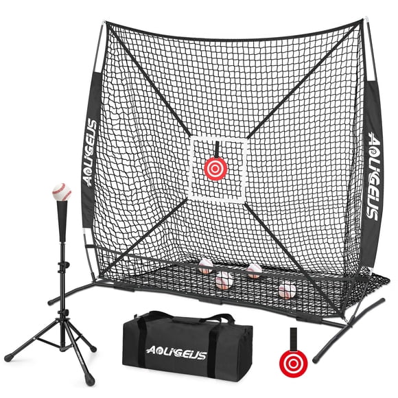 Red de práctica de béisbol AOLIGEIJS 183 x 183 cm con tee y zona de strike