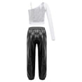 thumbnail image 3 of iixpin Kids Girls Dance Costume 2 Piece Hip Hop Jazz Outfits One Shoulder Crop Top with Jogger Pants Dancewear Silver&Black 16, 3 of 6