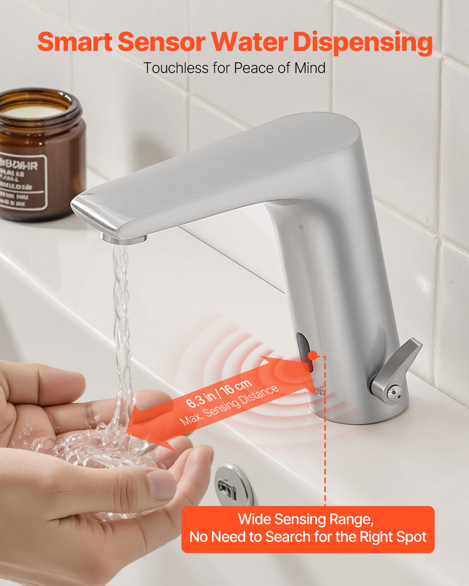 VEVOR Touchless Bathroom Sink Faucet, Automatic Motion Sensor Restroom Toilet Faucet, HandsFree Adjustable Cold Hot Single Handle Water Mixer Battery Operated for 9/16 in Pipe,Brushed Nickel Silver