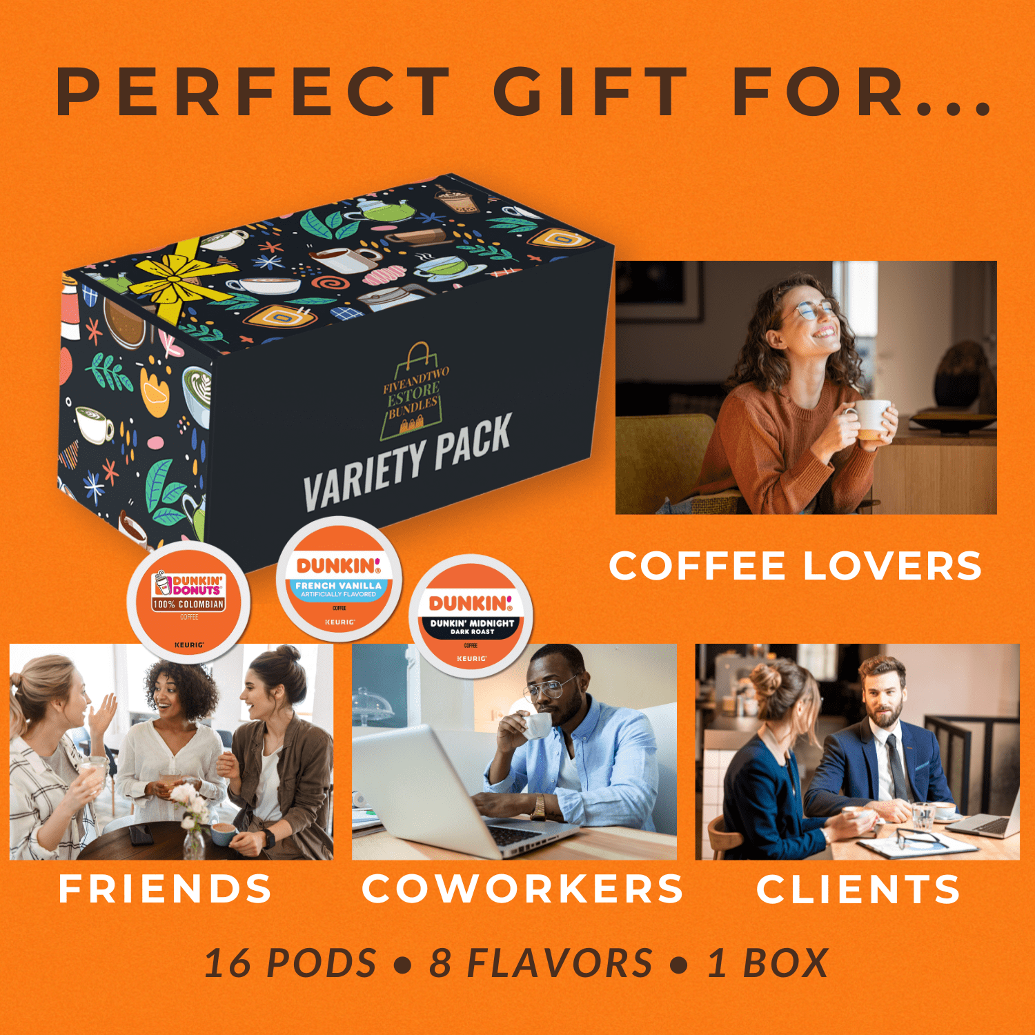 Dunkin K Pods Variety Pack – Original, 100% Colombian, Midnight Dark Roast, Cinnamania, Caramel Me Crazy, Candy’d Almond, French Vanilla, Hazelnut – 16pcs 8 Flavors Coffee Gift Box, Keurig Compatible