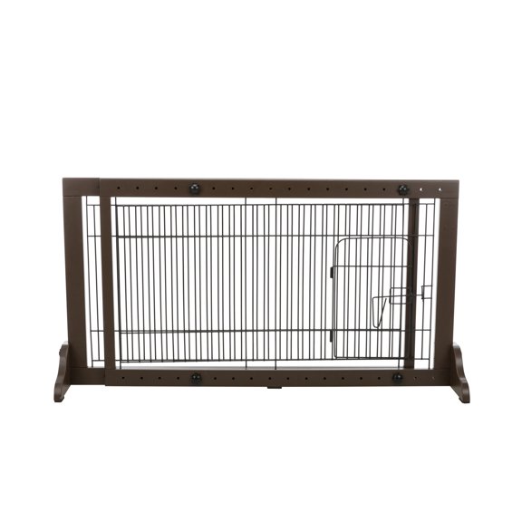 TRIXIE Expandable Wooden Freestanding Pet Gate with Pet Door, Expands to 71" Wide, Brown