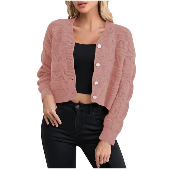 UYISJ Women's Sweater Cropped Knit Long Sleeve Cardigan Lightweight Short Shrugs V Neck Button Up Tops Pink L
