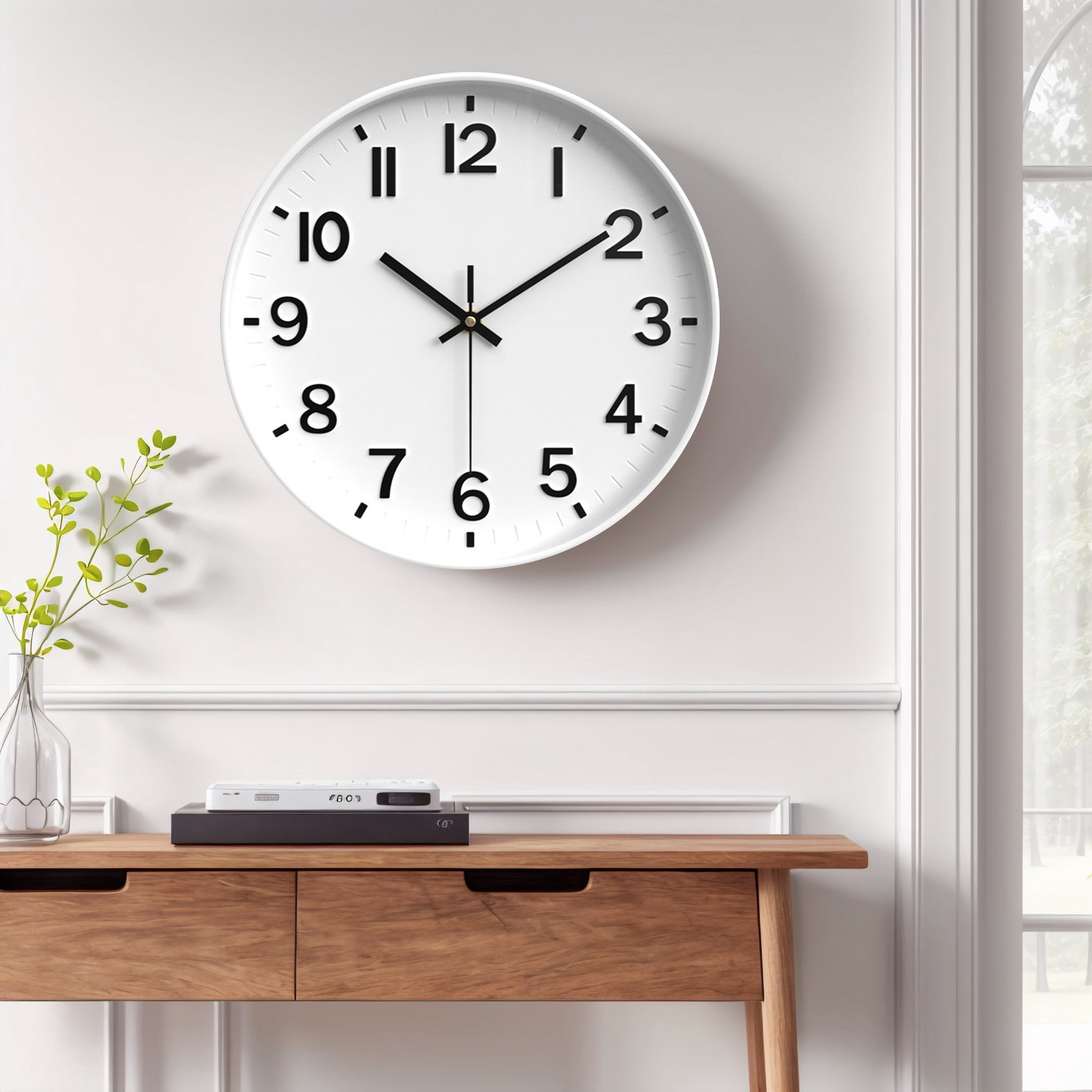 REGALWOVEN Simple Wall Clock, Big Arabic Numerals, Silent Non-Ticking Modern Battery Operated, Classic Decorative for Home White 12 x 12 x 1.6 Inch