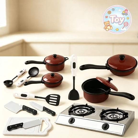 Mini Stove Cookware Pretend Playset with Pots, Pans, and Cutting Board, Chef Cooking Pretend Play Toys, Kitchen Role Play Kit, Christmas Birthday Gifts, Toys for Toddler Baby Kids Boys Girls, Age 3