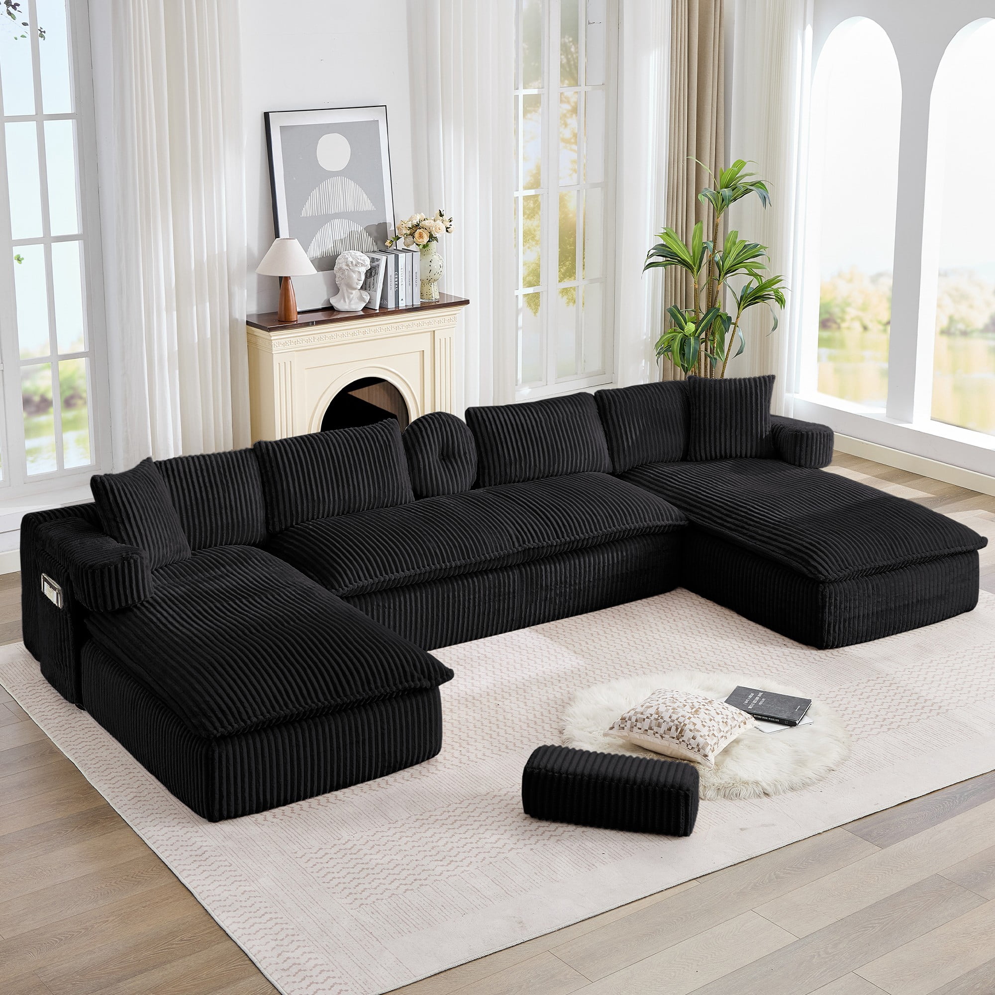 LLappuil Sectional Sofa, Oversized Sectional Couch Convertible Sofa Bed, 6 Seat Corduroy Sofa Couch with Side Pocket for Living Room, No Assembly Black