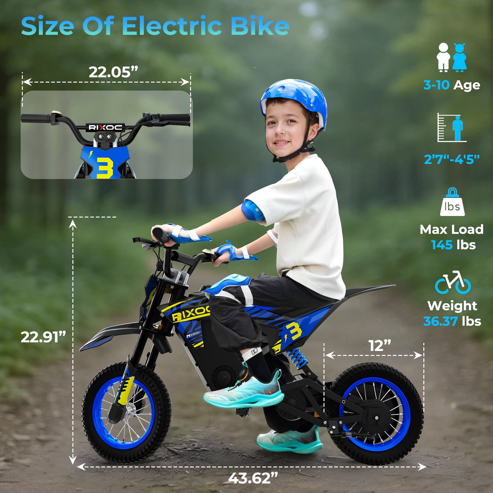 RIXOC DK-12 Electric Dirt Bike,3 Speed Modes up to 15.5 mph, 36V 5.2Ah Peak 700W Max 14Miles Electric Motorcycle for Child 8+ UL2272