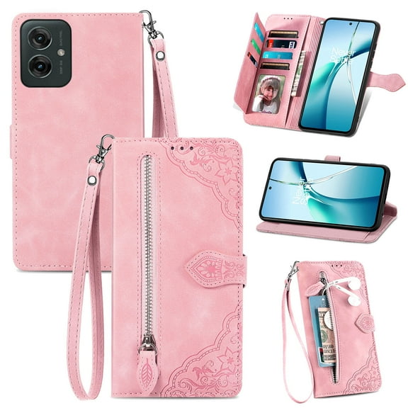 SYITOOCK Phone Case for Motorola Moto G55 5G, Shockproof PU Leather Wallet Case with Card Slots Anti-Scratch Stand Magnetic Flip Zipper Pocket Cover for Motorola Moto G55 5G, Pink