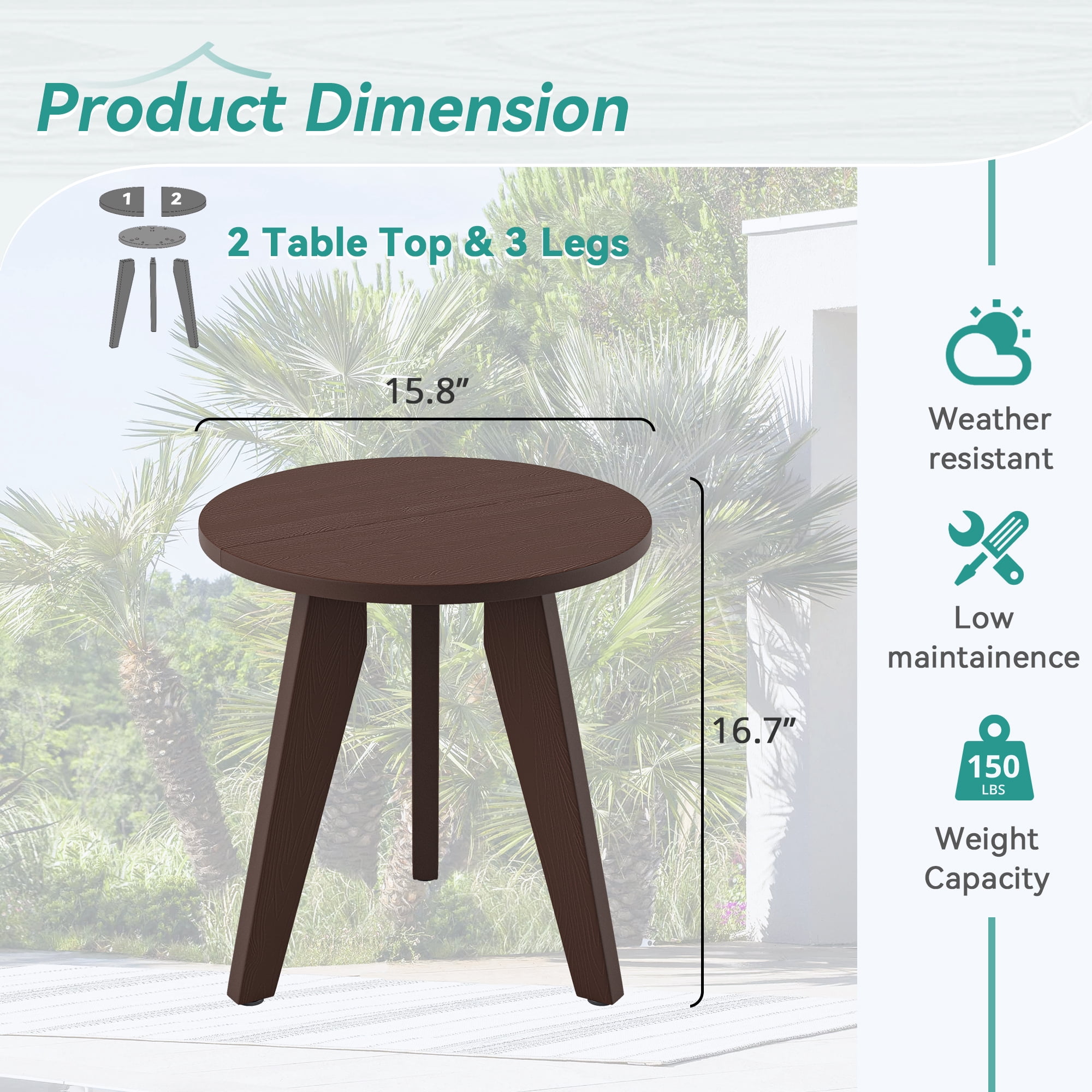Dycanpo Outdoor Side Table for Patio, Small Round End Table Weather-Resistant for Living Room, Bedroom, Dark Brown