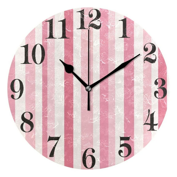 Pink Striped Round Wall Clock Battery Operated Silent Non-Ticking Bedroom Office Kitchen Home School Decor 10"(Black)