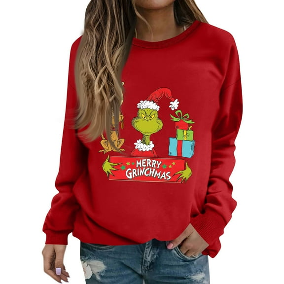 Trendy Christmas Sweatshirt Women Funny Christmas Tree Xmas Cute Graphic Long Sleeve Pullover Red Large
