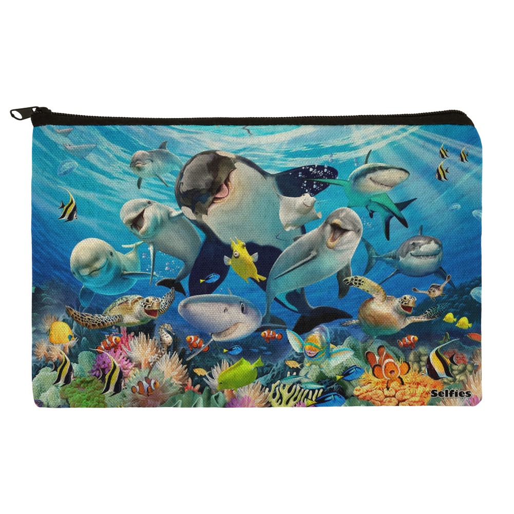 Underwater Ocean Selfie Orca Shark Dolphin Sea Turtle Coral Pencil Pen Organizer Zipper Pouch Case