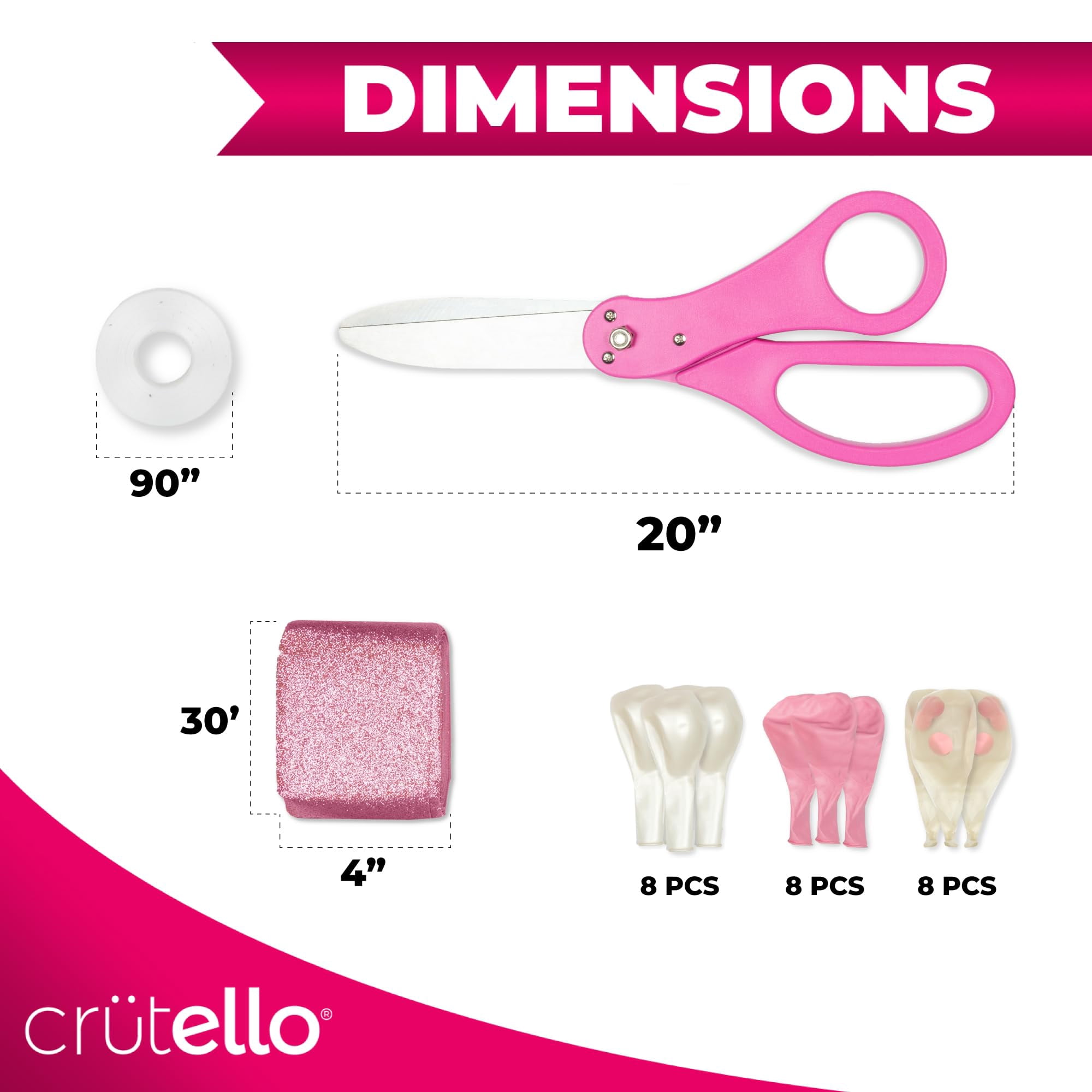 Crutello Ribbon Cutting Ceremony Kit - 20"Giant Scissors with Pink Handle, 30ft Sparkle Giant Pink Ribbon 4"Wide, 24 Balloons & 90ft Balloon Band for Grand Opening Decorations