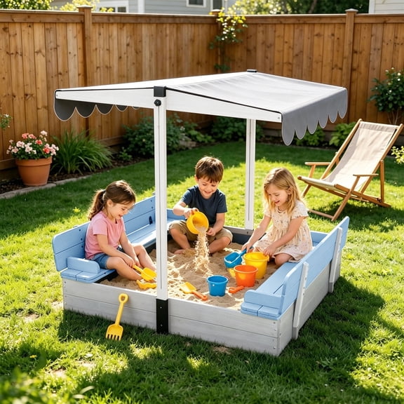 Luyitton Kids Wooden Sandbox with Lid, Sand Box with Cover Sand Pit with Canopy, 2 Foldable Bench with Adjustable Roof Bottom Liner, Blue