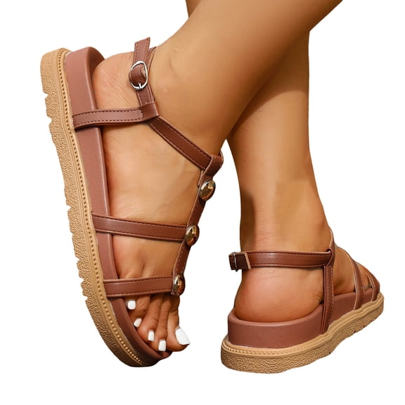 HEWUQI Dressy Flat Sandals for Women 2026 Summer Comfortable Slip on Leather Slides Casual Open Toe Ankle Strap Vacation Walking Beach Shoes Brown Size 8