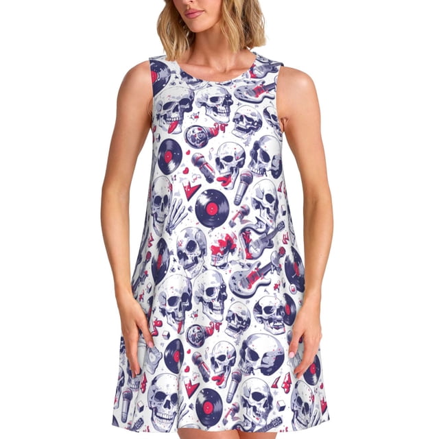 Disketp music Skull record mike para Vestido sin Mangas para Mujeres, Vestidos de Verano para Mujeres, Casual y Holgado para la Playa