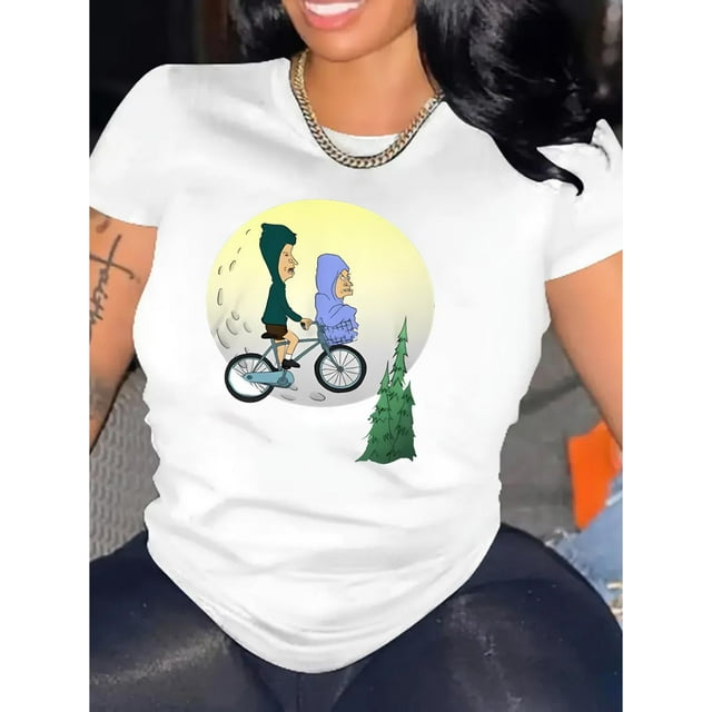 Camiseta cómoda con estampado de dibujos animados y luna, camiseta deportiva de manga corta y cuello redondo, ropa deportiva para mujer, camisetas de ocio