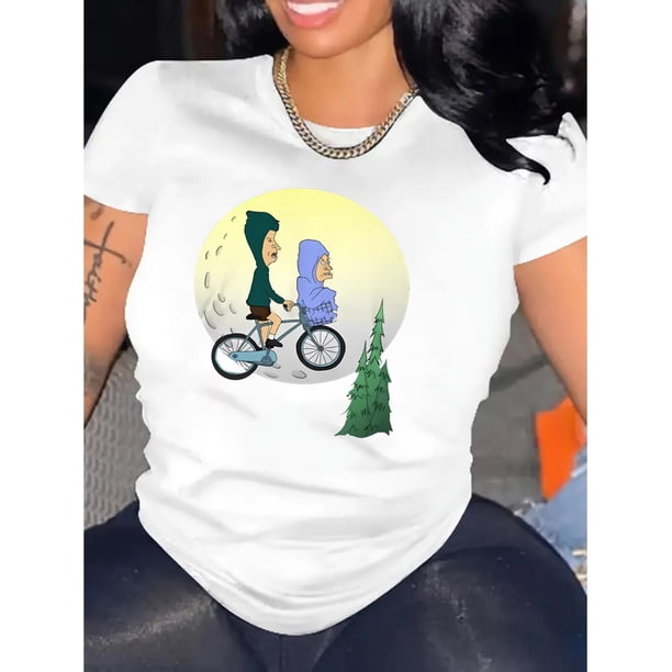 Camisetas con diseño gráfico para mujer, playera corta, clásico, estética, ropa de verano de los 90Cartoon & Moon Print Comfy T-Shirt, Round Neck Short Sleeve Sports Tee, Women's ActivewearFather's