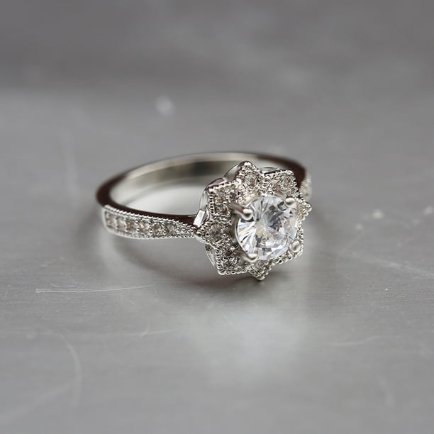 Anillos para mujer, regalos para mujer, diseño elegante y lujoso, anillo de cuatro columnas con incrustaciones de flores y circonitas.