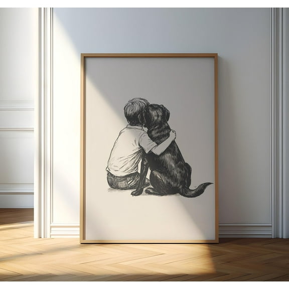 Black Lab With Boy Print, Boy And Labrador Retriever Nursery Poster, Dog Nursery Art, Dog Wall Decor, Dog Vintage Drawing, Boys Room Art Wall Art, Modern Wall Decor, 8x12 UNFRAMED