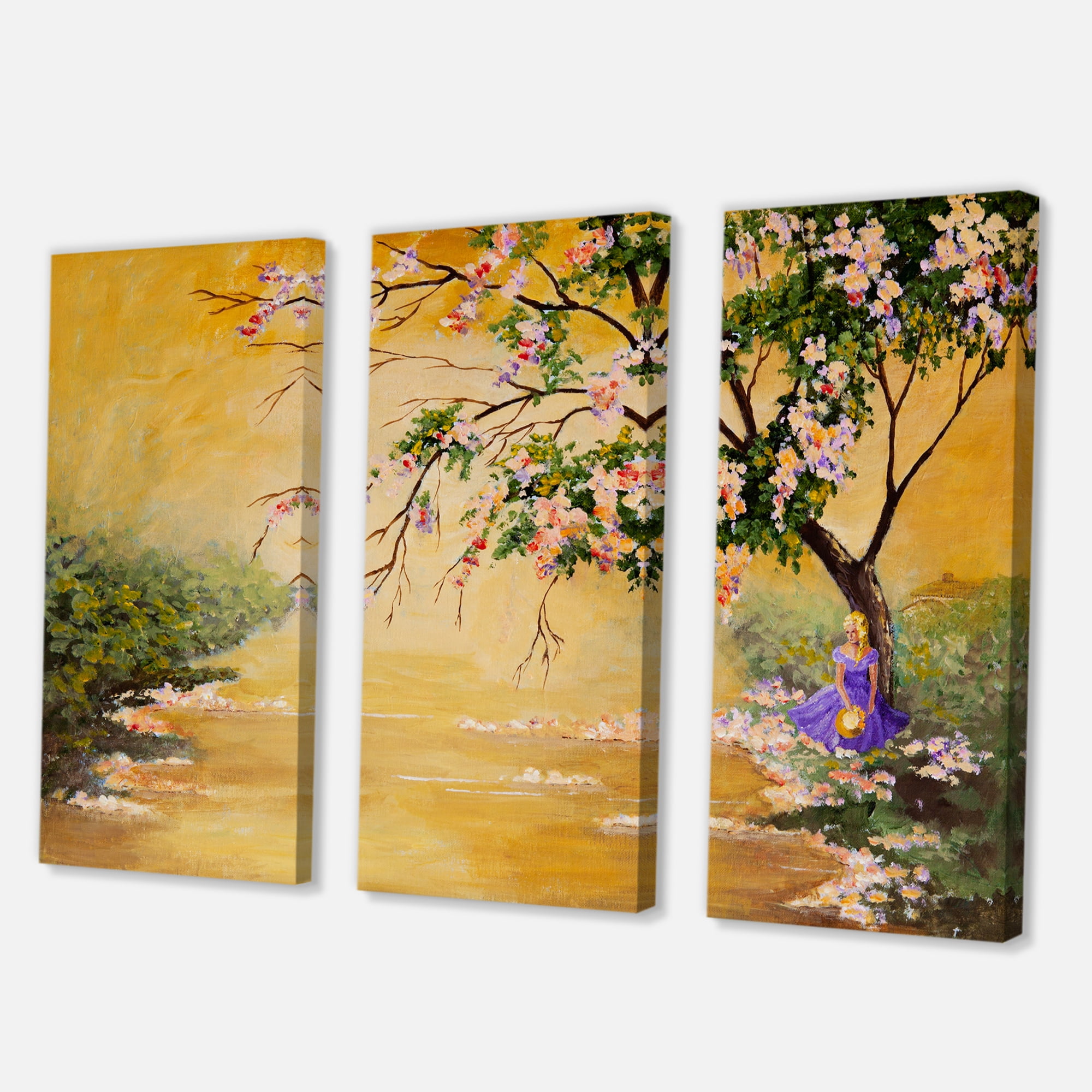 Designart ' Beautiful Girl Standing By The Flowering Tree ' Traditional Canvas Wall Art Print