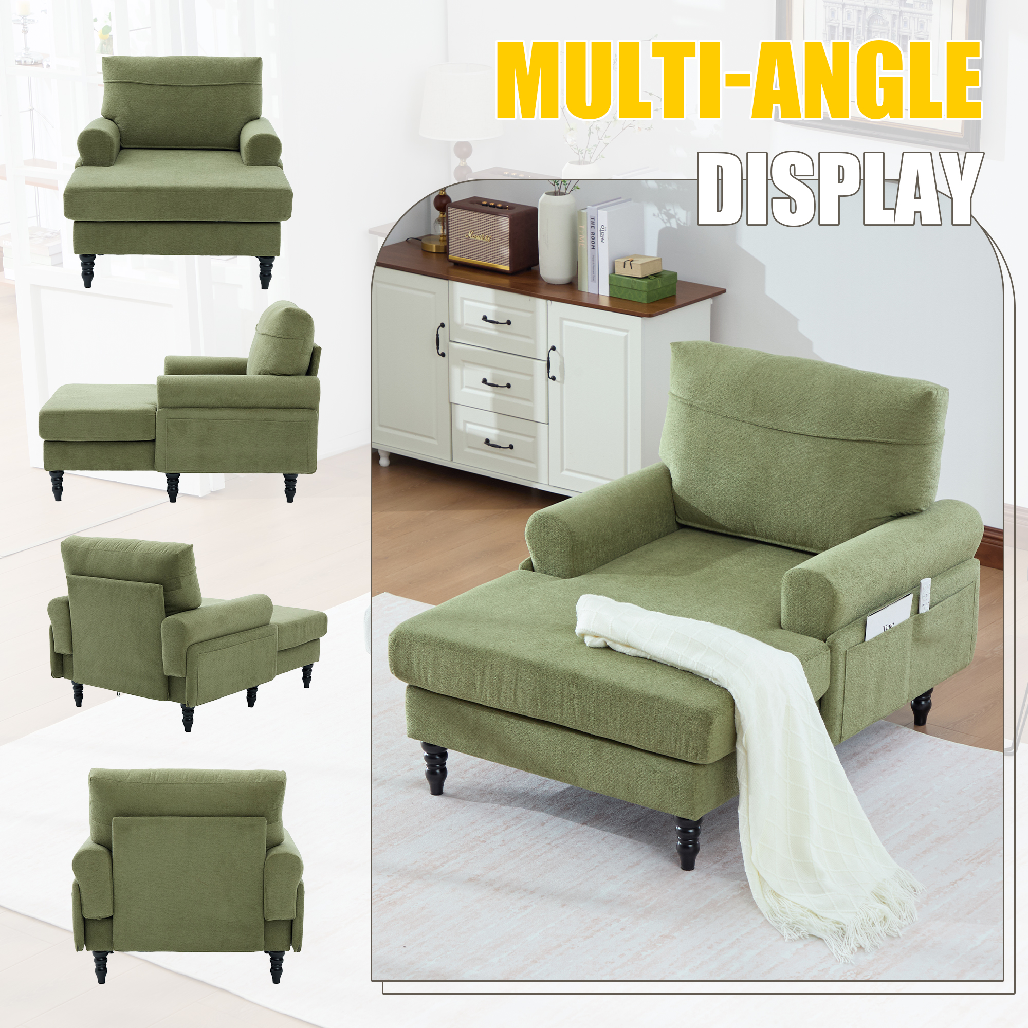 MOONMISS Chenille Upholstered Wood Frame Recliner Single Sofa with Comfortable Backrest and Armrests-Olive Green