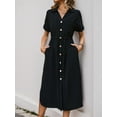 thumbnail image 6 of Women'S Solid Color Dress Summer Casual Short Sleeve Button V Neck Dresses Long Beach Shirt Dress with Pockets, 6 of 9