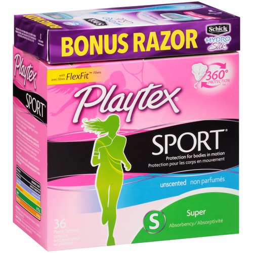 Playtex Sport Super Unscented Tampons with Bonus Razor, 36 Count