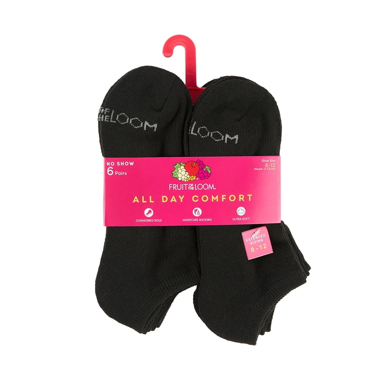 Fruit of the Loom Women's Cushioned No-Show Socks, Black, Sizes 8