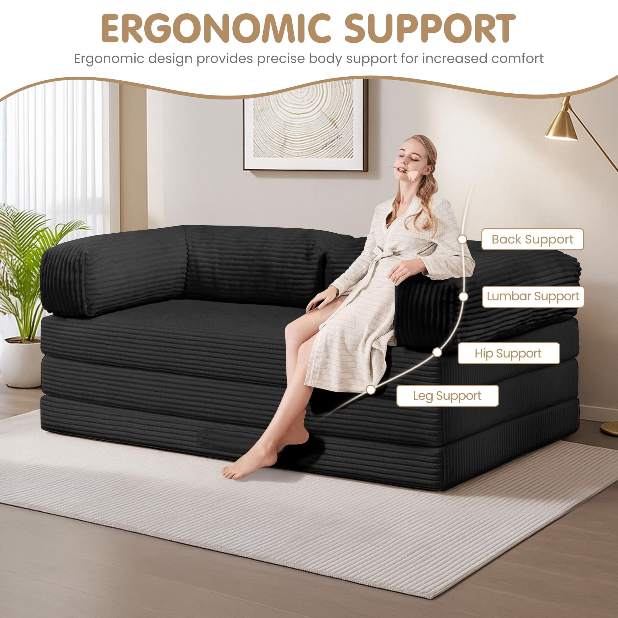 5-in-1 Convertible Sofa Bed,60" Boneless Couch Tri Folding Floor Mattress with Removable L-Shaped Armrests & Handle,Corduroy Futon Couch Sleeper for Living Room Bedroom Apartment, Black
