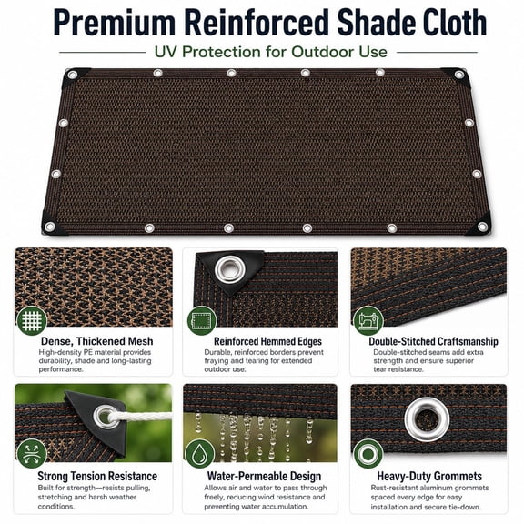 Thickened UV Sunshade Net with Reinforced Grommets, 90% Blockout Heat Insulation Shade Cloth for Garden Patio Plants, Coffee Color, Outdoor Camping Canopy