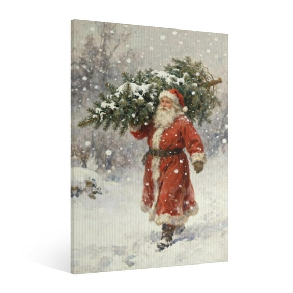 Vintage Christmas Santa Claus and Christmas tree Wall Art Paint - Retro Xmas Festive Winter Holiday Christmas Wall Decor Canvas for Living Room Kitchen Bathroom Home Bedroom Decor Framed