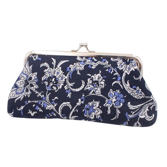 GASTROPOD Large Floral Coin Purse for Women - Vintage Kiss Lock Canvas Wallet Clutch, Multi-Functional Makeup Bag Cash Change Pouch, Blue