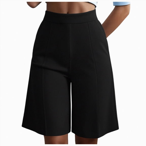 vigerkar High Waist Bermuda Shorts Women Knee Length Wide Leg Dressy Casual Summer Pleated Front Work Shorts with Pockets, Tailored Office & Beach Versatile (Black, L)