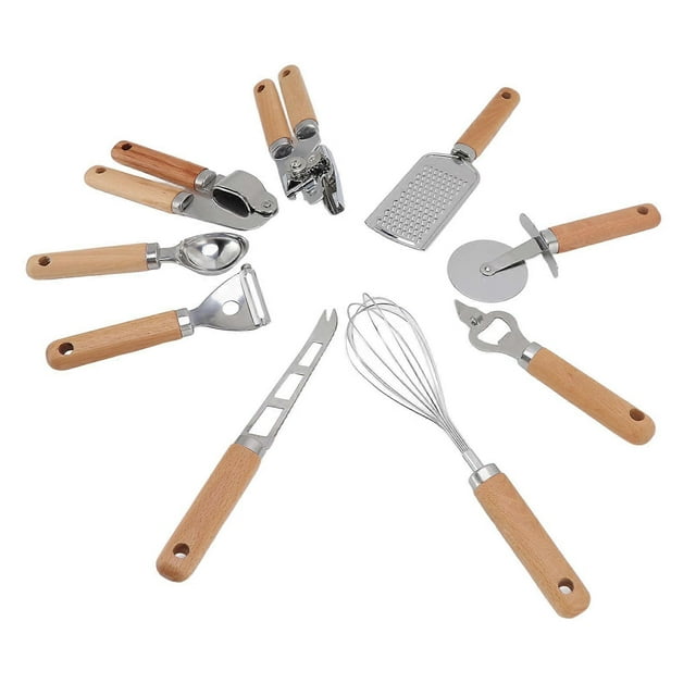 9pcs Kitchen Utensils Wooden Handle Stainless Steel Easy Cleaning Wear Resistant Colorful Package Cooking Utensils Set