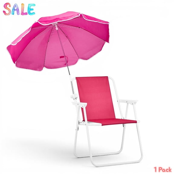 IVV Lightweight Foldable Beach Chair with Armrests & Umbrella, Portable Leisure Chair for Outdoor Travel Camping Patio, Pink