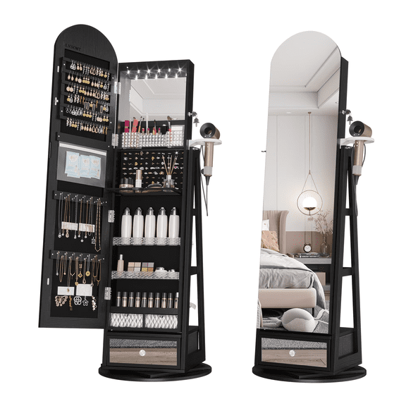 Kasibie 360°Swivel Jewelry Armoire, 64" Full Length Mirror Cabinet Free Standing Organizer with LED Lights,Black