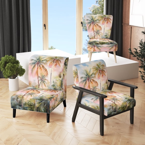 Designart "Palm Trees love Sunset III" Green Floral Upholstered Accent Chair - Traditional Arm Chair For Bedroom