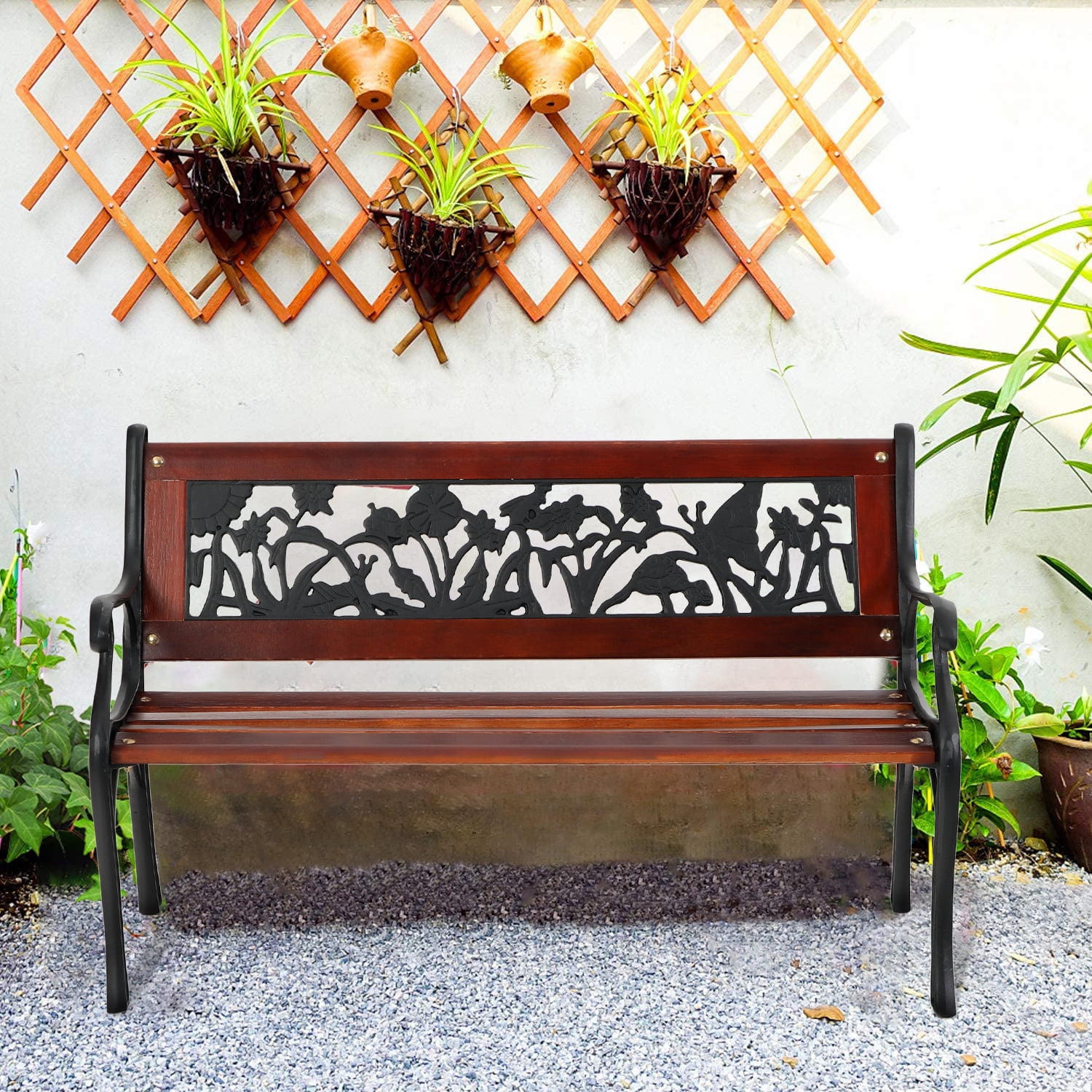 MF Studio Patio Garden Bench Steel Kids Mini Bench with Decorated Butterfly Flower Pattern Back 