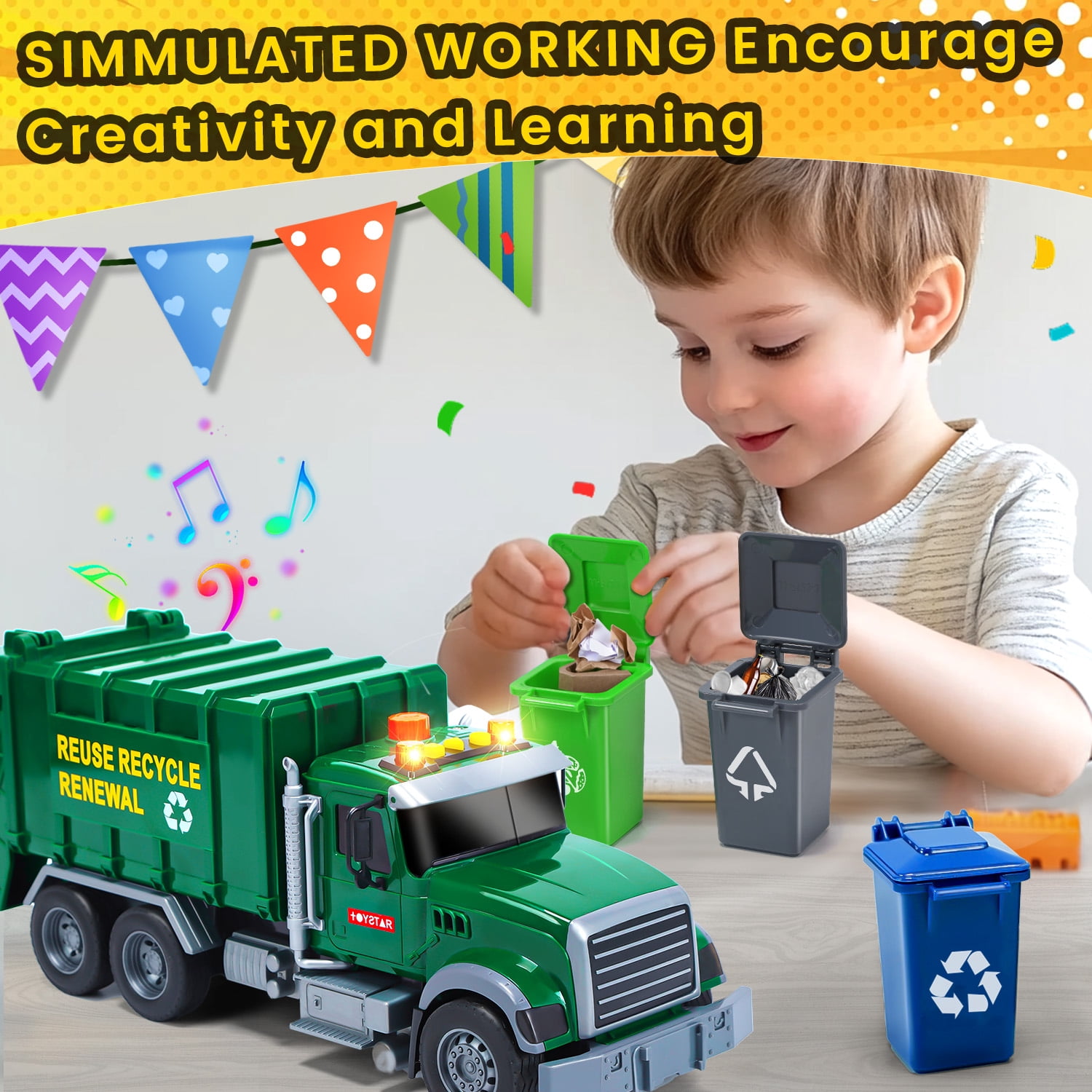 JoyStone Kids Garbage Truck Toy, Friction Powered Recycling Truck with Lights & Sounds, Lift & Rotating Trash Bin Function, 3 Trash Bins, Interactive Toy for 3-8 Years Old