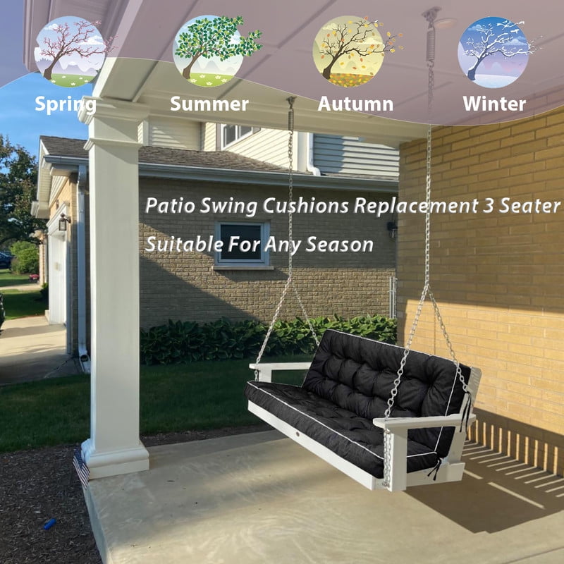 Swing Cushions 3 Seater Replacement, Waterproof Porch Swing Cushions, Thicken 5" Bench Cushions for Outdoor Furniture With Backrest , Patio Garden Loveseat Sofa Pads（Black，71in）