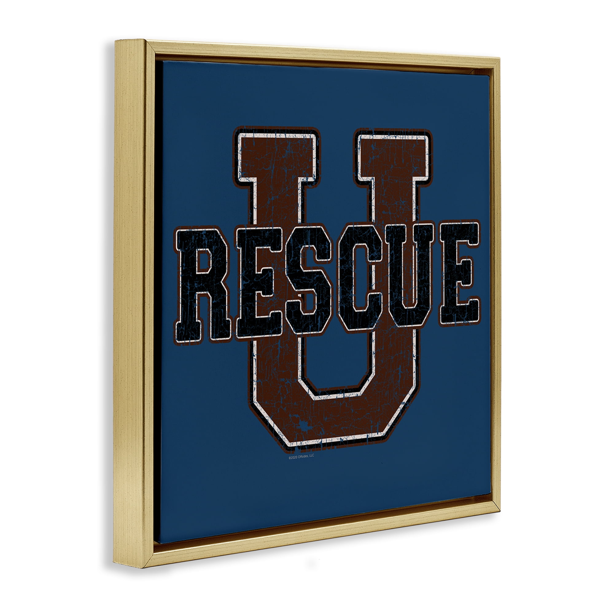 Stupell Industries Rescue U Vintage Varsity Novelty & Humor Painting Gold Floater Framed Canvas Art Print Wall Art, 18 x 18